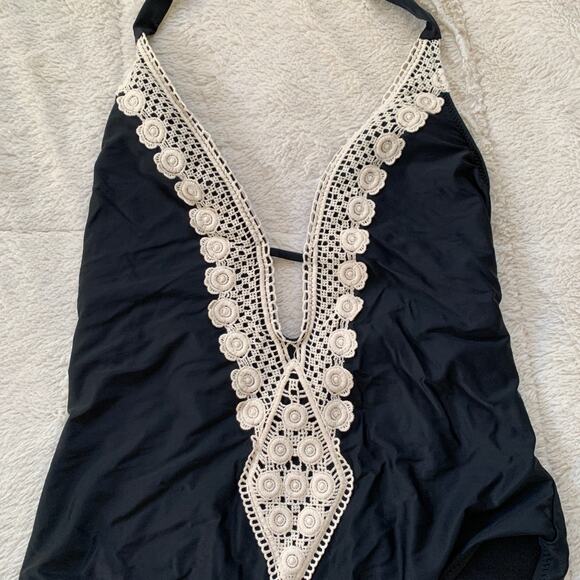 NWT Kona Sol women's black crochet lace deep V one piece swimsuit SZ XL - Picture 5 of 14